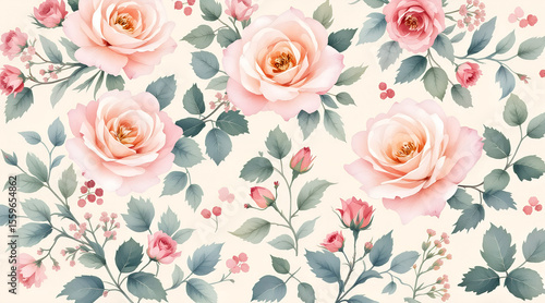 Elegant Floral Pattern with Pink Roses and Green Leaves on Cream Background