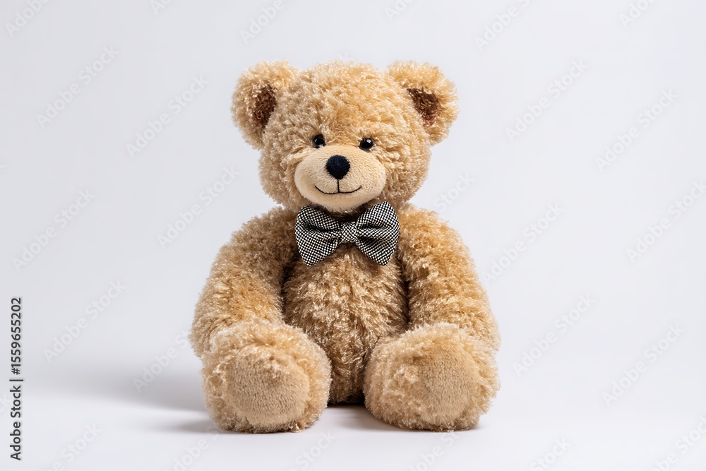Obraz premium Teddy Bear with Bow Tie: A charming teddy bear, plush and cuddly, sits wearing a sophisticated gray bow tie. This adorable image is perfect for showcasing childhood innocence and gentle charm.