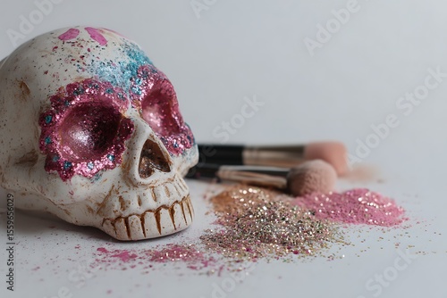 Sparkling Skull Artistry: A close-up captures the artistry, showing a skull adorned with glitter and accompanied by makeup brushes and colored glitter, perfect for beauty and artistic themes.