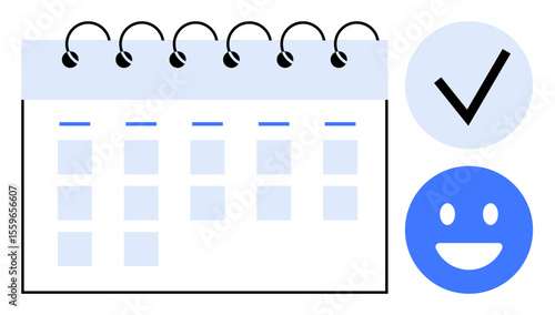 Open calendar with spiral binding beside a bold checkmark and friendly happy face. Ideal for scheduling, organization, task management, productivity, goal setting, personal planning, simple landing