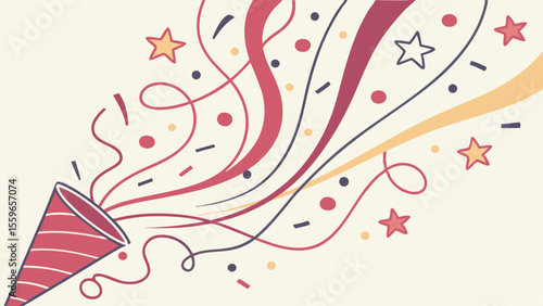 A celebratory party popper erupts with a vibrant explosion of colorful streamers confetti and stars against a light cream background