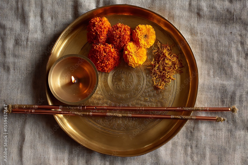 Fototapeta premium Sacred Offering: A beautifully arranged offering plate, featuring a lit lamp, vibrant marigold flowers, and incense sticks, set against a simple backdrop.