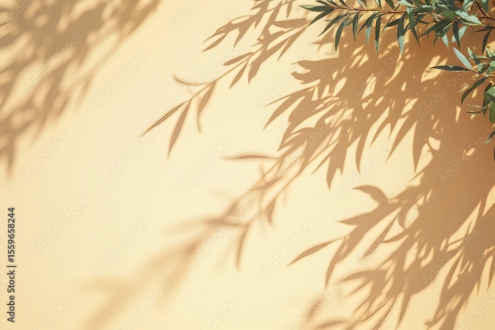 Obraz premium Shadows of olive tree leaves, branches over beige wall. Summer background with a pattern of lens flare. Sunlight overlay with copy space