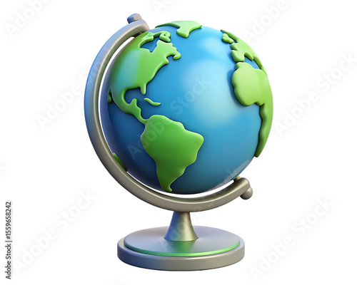 Stylized 3d globe with continents and stand isolated on transparent background
