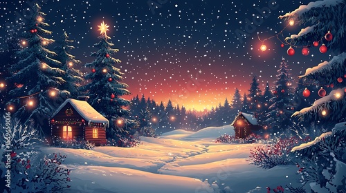 Winter wonderland illustration featuring cozy cabins christmas trees and snowflakes falling