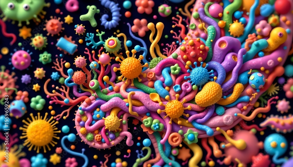 conceptual art of the gut microbiome, a diverse ecosystem of colorful, stylized bacteria. conceptual art of the gut microbiome, a diverse ecosystem of colorful, stylized bacteria.