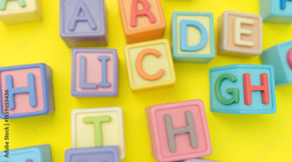 Colorful Alphabet Blocks Scattered on a Bright Yellow Background for Learning and Play Colorful Alphabet Blocks Scattered on a Bright Yellow Background for Learning and Play