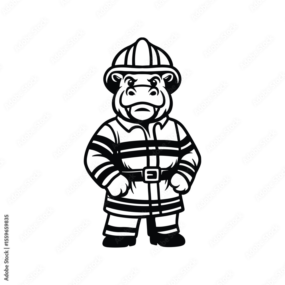 Obraz premium Firefighter Hippo Mascot, Animal Fireman Vector, Cute Hippopotamus in Firefighter Suit Illustration