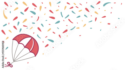 A whimsical illustration of a red and white parachute descending against a white background with a scattering of colorful confetti in red teal and yellow