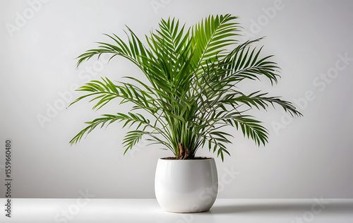 Vibrant tropical house parlor palm plant with lush green fronds and slender stem sits elegantly in modern white ceramic pot on transparent background.