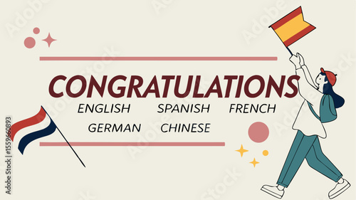 Celebrating multilingual success with a person waving the spanish flag and other language names displayed in a festive graphic design