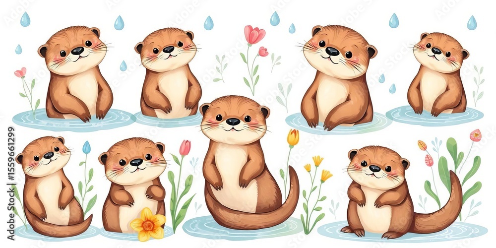 Fototapeta premium Cute otter doodles in various poses, surrounded by plants and water drops, hand-drawn vector illustration, symbol, nature