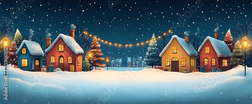 Winter village scene with snow covered houses christmas lights and falling snowflakes at night