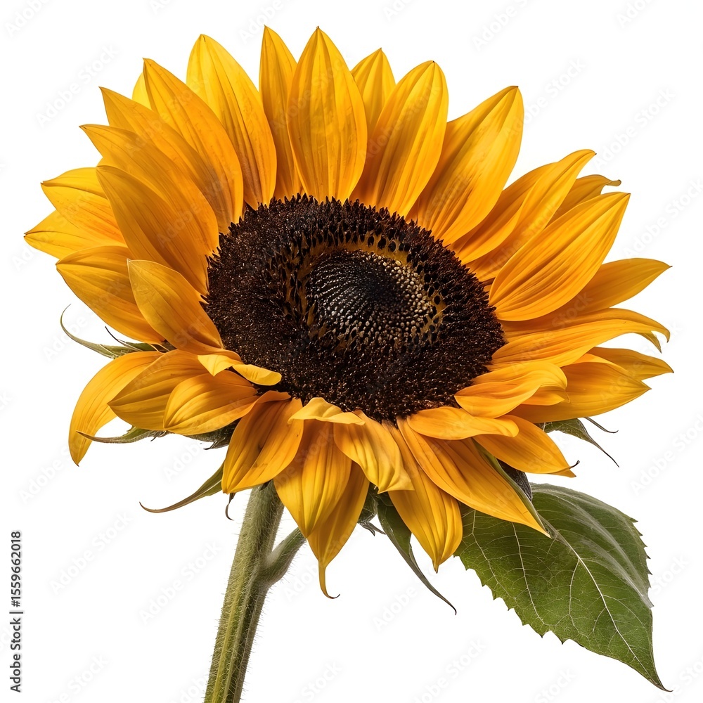Naklejka premium Vibrant Sunflower Blossom: Bright Yellow Petals and Dark Center on White Background