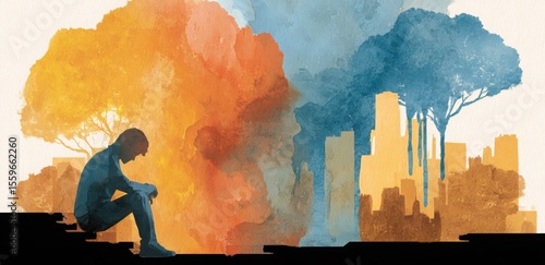 Lonely silhouette sitting steps contrast watercolor mental illustration