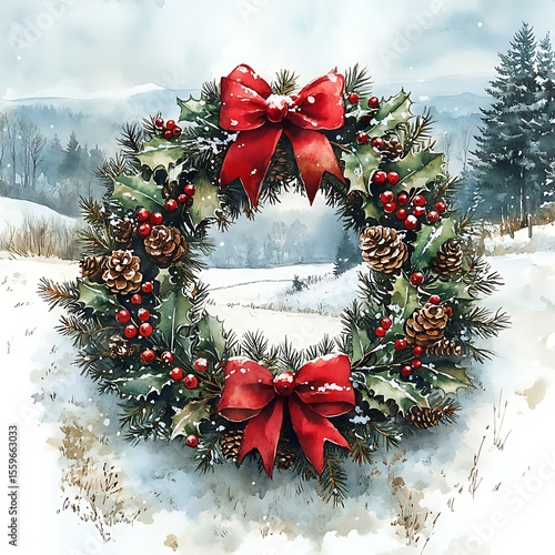 Watercolor christmas wreath featuring holly berries pine cones and red bows in winter scene