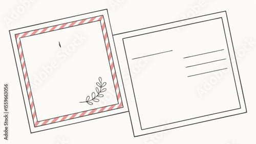 Two blank postcards are displayed side by side with a decorative border on one featuring a simple floral illustration and lines for writing