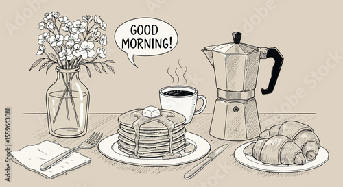 Breakfast delight vector illustration: cozy morning with pancakes and coffee in hand-drawn style