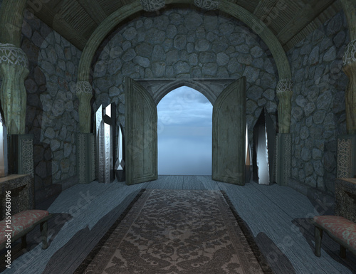 3D rendered medieval interior of a castle with its door open with clouds as a view