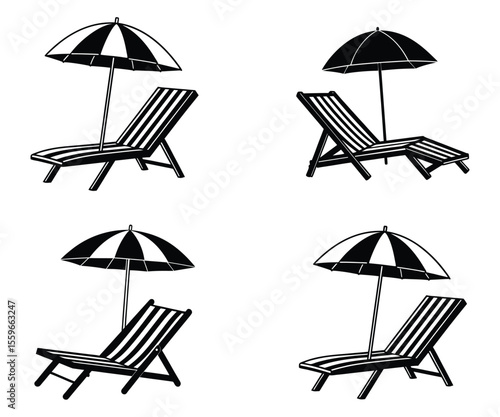 Relaxing Beach Scene Lounge Chairs and Umbrellas