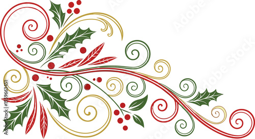 Elegant christmas swirls with holly leaves berries and festive red green gold flourishes on white background