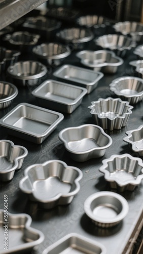 Assorted metal baking molds arranged on a dark surface
