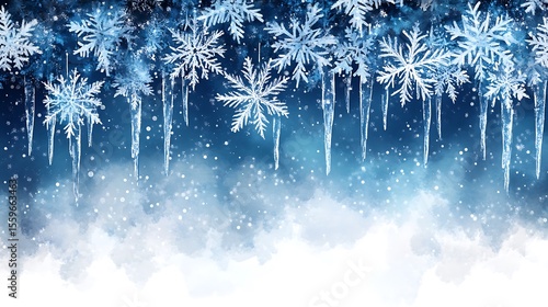Watercolor winter wonderland illustration featuring falling snowflakes and icy icicles with soft gradients.