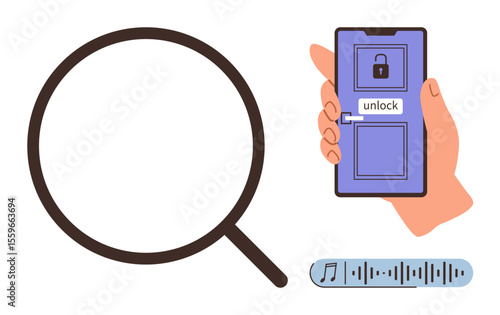 Smartphone showing voice recognition unlock, hand holding phone, magnifying glass, and soundwave indicator. Ideal for technology, security, biometrics, privacy, innovation AI and user experience