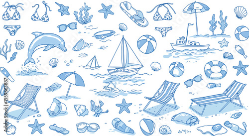 Coastal summer vector illustration - beach theme for print, hand drawn doodle style