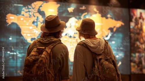 People exploring digital global world map screen