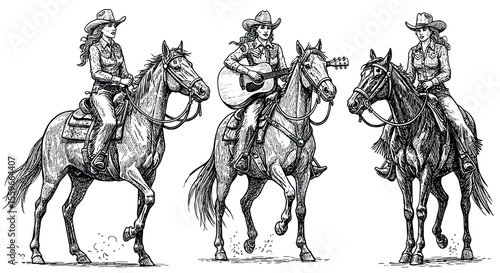 Western cowgirl musicians: black and white vector illustration for design and posters