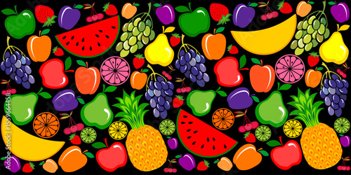 Fruits seamless pattern. Background of fresh falling mixed fruits isolated on black background. Healthy food. Top view, flat layout. Good for textile fabric design, wrapping paper, website wallpapers