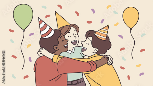 Three diverse friends joyfully embracing each other while wearing party hats and celebrating with balloons and confetti conveying happiness and togetherness