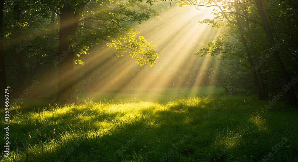 Fototapeta premium Sunbeams Illuminating a Lush Forest Meadow at Dawn