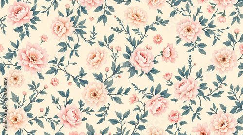 Elegant Peach Peony Floral Pattern with Dark Green Leaves on Cream Background