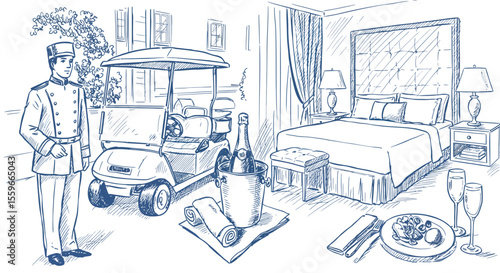 Luxury hotel stay vector illustration: hospitality and comfort in hand drawn style for travel and tourism