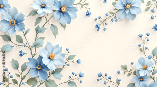 Elegant Floral Background with Light Blue Flowers and Leaves on Creamy Backdrop