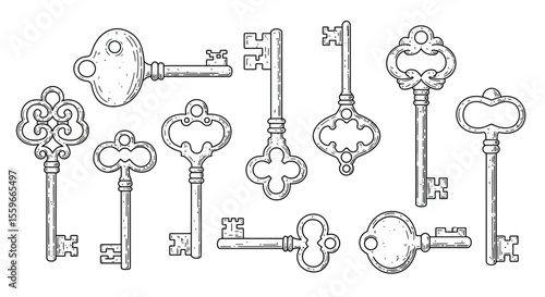 Vintage keys collection vector illustration: hand drawn design for cards and posters