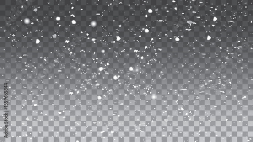 Falling Shining transparent beautiful, little snow isolated on transparent background. Snow flakes, snow background. Vector heavy snowfall, snowflakes in different shapes and forms.