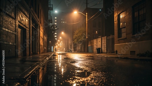 Rainy night in a dark city alleyway