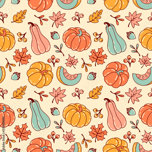 Whimsical seamless pattern of farm pumpkins in a harvest theme. Ideal for textiles, wrapping paper, or cheerful autumn-themed digital backgrounds