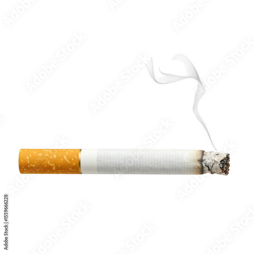 A lit cigarette with smoke rising from its burning end isolated on transparent background