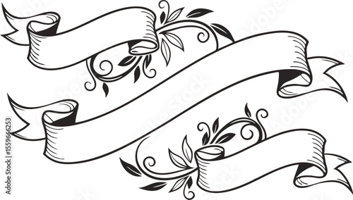 Elegant black and white illustration of two ornate flowing banners adorned with decorative floral swirls and leaves perfect for titles and headings