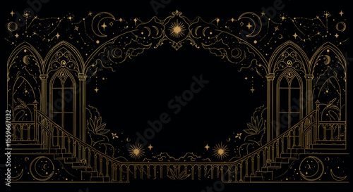 Mystical night scene vector illustration for event poster design in decorative line style