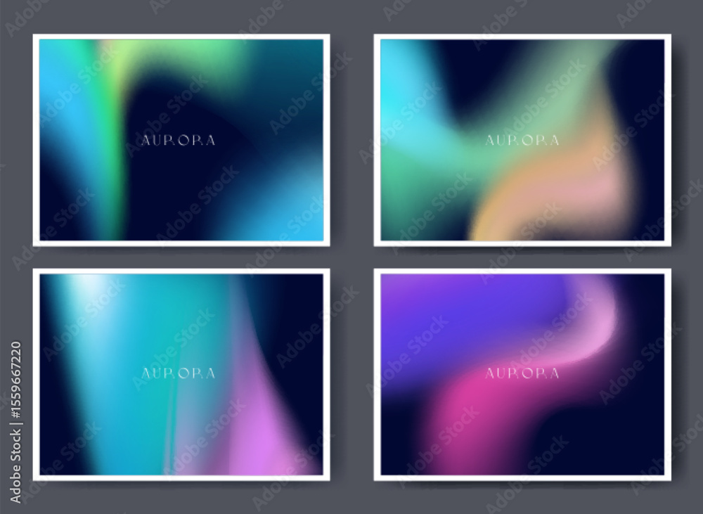 Fototapeta premium Aurora gradient background set with flowing blue cyan lights - northern lights effect blending turquoise into deep navy and purple, smooth transitions, white frames with color waves for modern poster