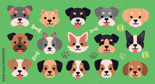 Cute dog faces vector illustration: playful puppy icons for pet design in flat style