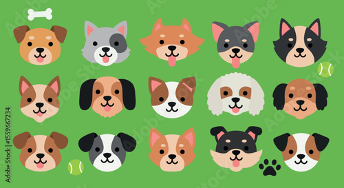 Cute cartoon dog faces vector illustration: flat style design for pet-themed posters
