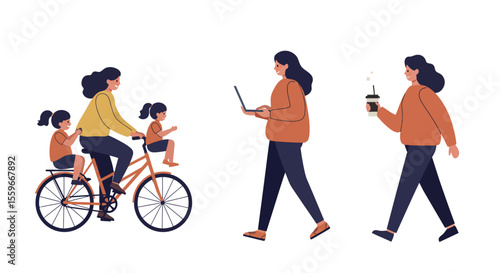 Urban lifestyle vector illustration: family biking and leisurely strolling in flat style for print or poster design