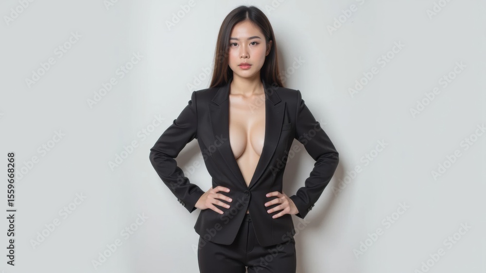 Confident woman in a stylish black suit posing against a gray background. Confident woman in a stylish black suit posing against a gray background.