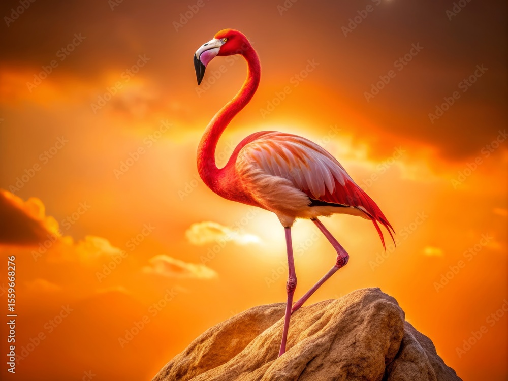 Fototapeta premium Flamingo Standing on Rock at Sunset